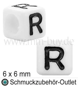 Buchstabenperlen „R“, Würfel, weiß, Ø: 6x6 mm, 5 Stück