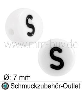 Buchstabenperlen „S“, weiß, Acryl, Ø: 7 mm, 5 Stück