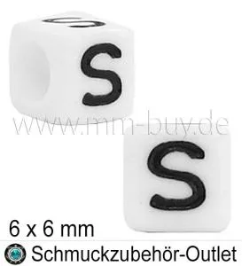Buchstabenperlen „S“, Würfel, weiß, Ø: 6x6 mm, 5 Stück
