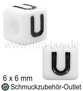 Buchstabenperlen „U“, Würfel, weiß, Ø: 6x6 mm, 5 Stück