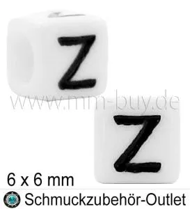 Buchstabenperlen „Z“, Würfel, weiß, Ø: 6x6 mm, 5 Stück