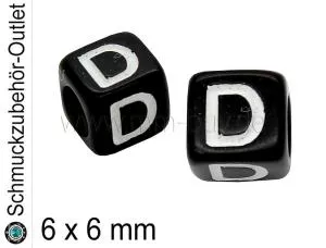 Buchstabenperlen „D“, Würfel, schwarz, Ø: 6x6 mm, 5 Stück