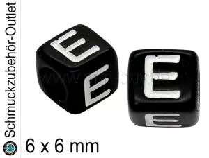 Buchstabenperlen „E“, Würfel, schwarz, Ø: 6x6 mm, 5 Stück