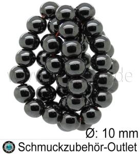 Hämatitperlen, rund, schwarz, Ø: 10 mm, 1 Strang