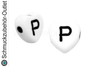Buchstabenperlen „P“, Herz, weiß, 5 Stück