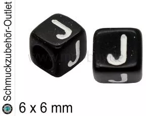 Buchstabenperlen „J“, Würfel, schwarz, Ø: 6x6 mm, 5 Stück