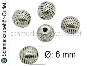 Metallperlen „Olive“ gerillt Ø: 6 mm antik Silber, 5 Stück