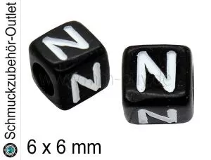 Buchstabenperlen „N“, Würfel, schwarz, Ø: 6x6 mm, 5 Stück
