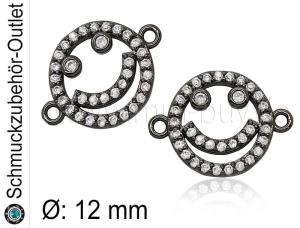 Schmuckverbinder „Smiley“ mit Zirkonia, schwarz, 12mm, 1 Stück