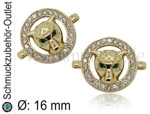 Schmuckverbinder „Leopardenkopf“ mit Zirkonia, goldfarben, Ø: 16mm, 1 Stück